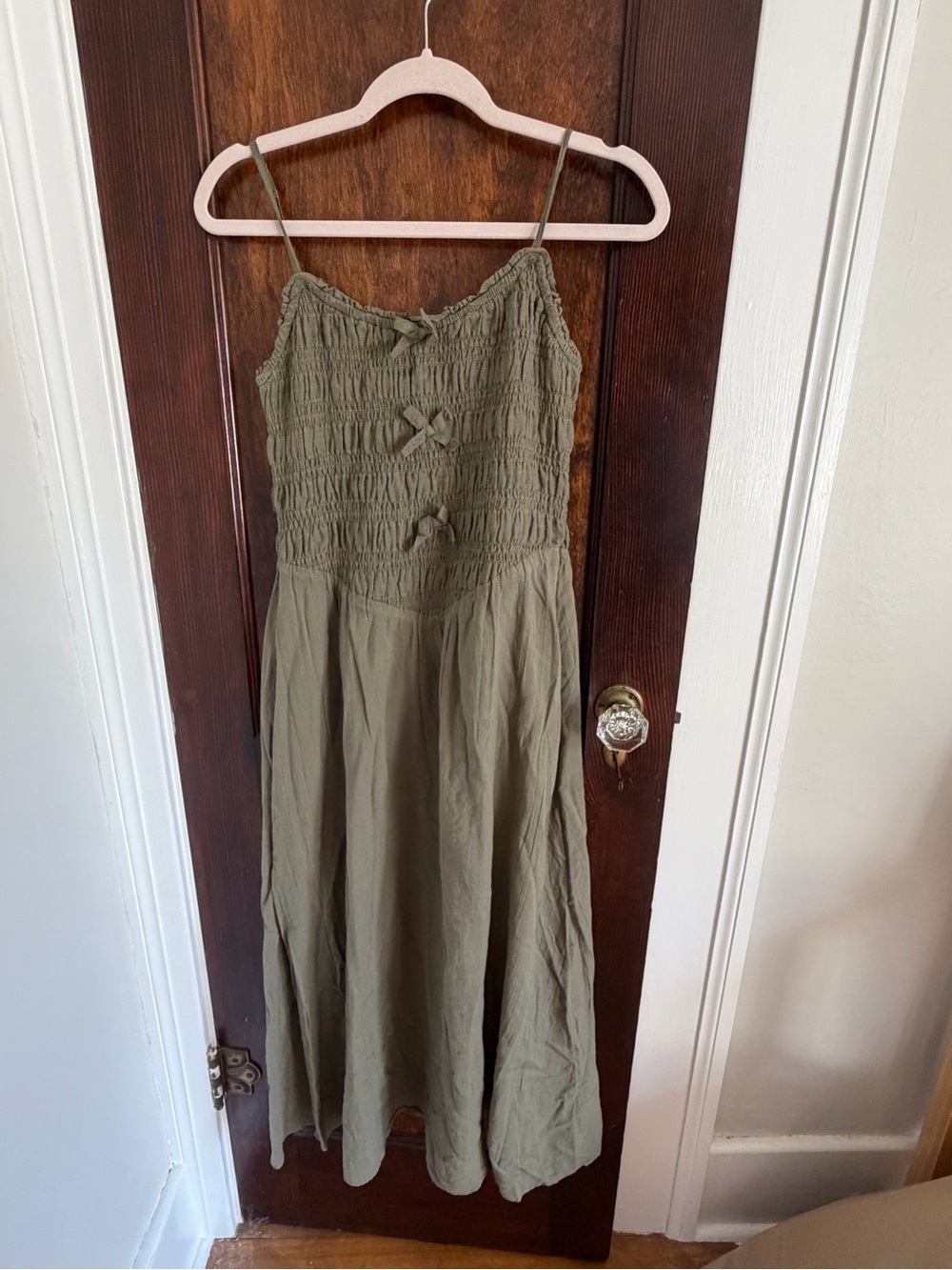 American Eagle Olive Smocked Midi Dress with Tie Detail